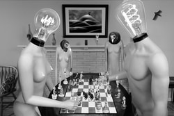 A surreal image. A male and female Luminaries are on both sides of a chessboard. In the background two different Luminaries with vulture heads look over the game. The chess pieces have children, dogs, cars, houses, and the kings are male and female electric parts. 