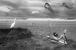 A surreal composite photo. A beach scene with a mother and two young children playing with jellyfish kites and a baby Luminary in a travel carrier. There is a snowy egret standing on a sand castle, a rabbit shaped cloud and a turkey vulture flying along the beach. In the water there is a female Luminary with a shark and a female luminary drowning.