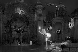 A surreal composite photo. This image is based on a painting by Rembrandt called Susanna. There is a female Luminary bent over with a towel around her lower parts. She is stepping into a pool of water to bath. Surrounding her are nine surveillance cameras with eyes instead of lenses. Two drones also are watching her.  