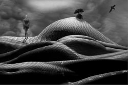 A surreal image that is a composite of several images. This image is composed of female body parts as the landscape with a small tree coming out of a rock at the top of the hill. The body parts have sand ripples in them. A female Luminary has walked across the landscape leaving footprints in the sand. A tufted puffin flies in the upper right corner.