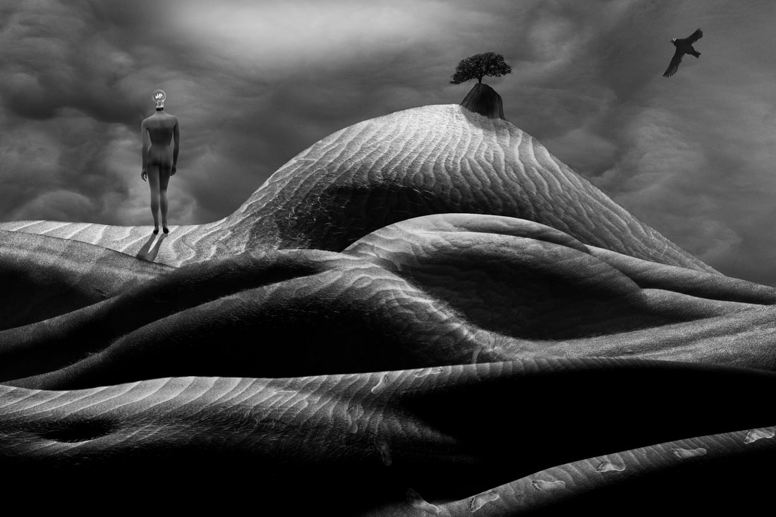 A surreal photo of a female Luminary who has walked through a landscape of female body parts that have been altered to look like hills and dunes. A tufted puffin flies in the upper right hand corner.
