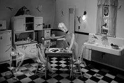 A surreal image. The scene is inside of a 1920s kitchen. There is a table in the middle of the kitchen with a plate with a steak and knife on the table. There is also a vodka bottle laying mostly empty on the table. The female Luminary is seated with a cracked light bulb for her head. The male is standing over her with arm outstretched in a strike. His light bulb head has liquid in it and a fish swimming in the liquid. There are scorpions crawling all over the kitchen. The female has a butterfly on her shoulder. In the lower right there is a ghost image of the male on is back on the ground and the female is stabing him with the steak knife. There is a Raven sitting on the cupboard. 