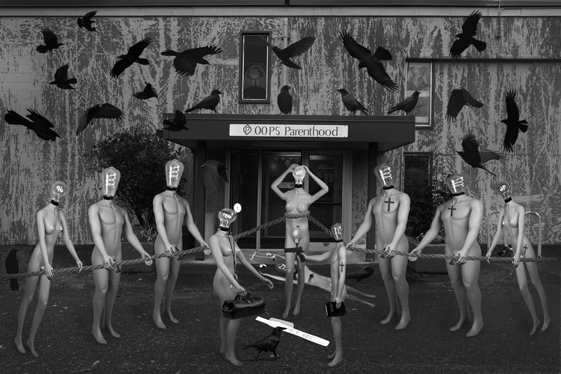 A surreal image. The scene is outside a Oops Parenthood facility.  There is a pregnant Luminary with a rope around her waist and there are three Luminaries on each side pulling on her. The Luminaries on the right have Crucifix tattoos.  There is a Luminary that has been shot laying on the ground with a scale of justice. There is also a pregnancy test on the ground with a plus. In the foreground there is a female doctor with her medical bag and across from her is a small man with a handgun pointing at her and a bible in his hand.  There are flock of crows all around the scene. 