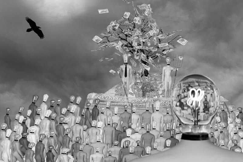 A surreal composite photo. There is a tree on a hill that is covered in money. The hill is surrounded by a fence with concertina wire. There is a male Luminary with a necktie holding a pitch fork and a female luminary also holding a pitchfork standing on the hill guarding the tree. Below them there is a huge group of Luminaries of all races and sizes facing the hill. One Luminary is very close in the lower right hand corner.
