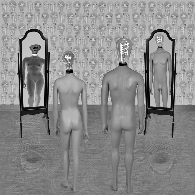 This is a surreal composite photograph that has a male and female Luminary looking into two standing mirrors. There is a wall of bulb heads with eyes staring at the two Luminaries. The female Luminaries image is a negative image and heavier and distorted versus the actual luminary. The male is slightly thinner and has a small electric cord.