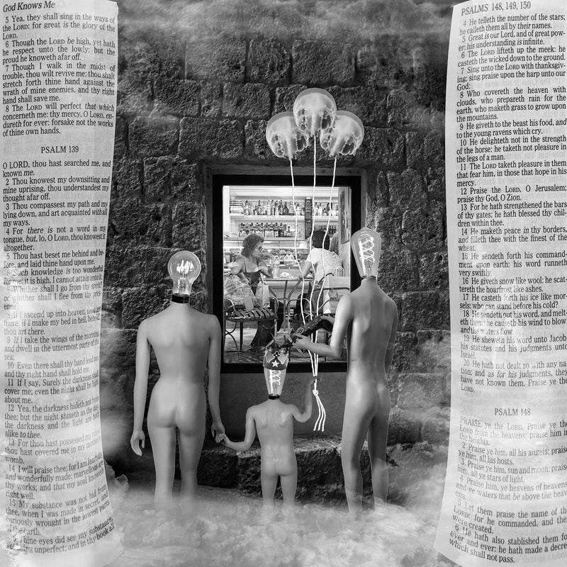 A surreal image. The scene shows a window with two young women sitting at the table. Outside the window are two adult Luminaries and a child sized Luminary with a crown holding strings with three jellyfish balloons. The adult male Luminary is holding a video game controller. The image is framed by pages from a bible with Psalms 138 and 148. 