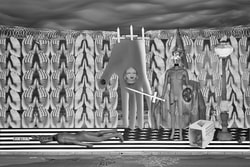This is a surreal composite photograph. There is a wall of hands with concertina wire at the top of the wall. There is a large hand with Lincoln's death mask on the hand gate. There is a dead Luminary laying on an American Flag walkway. A luminary with a sword made from a crucifix and KKK outfit fading into the background. A dog crate holds a baby Luminary. There is money and a fork in the road.