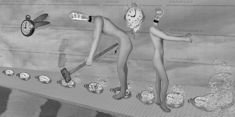 A surreal composite photo. This has a time based theme. The wall is a calendar. On the ground is a series of pocket watches. There is a male Luminary with a sledge hammer who is breaking the watches as they pass under him. The female Luminary has her arms out in the direction that the time is disappearing. There is a clock on fire on the wall and a clock with wings.