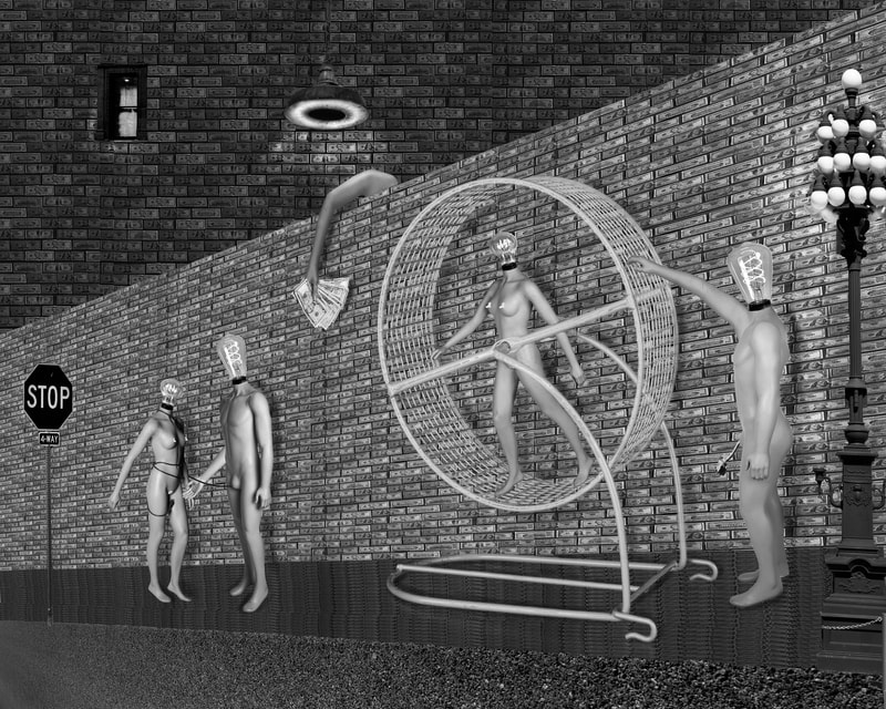 A surreal composite photo. Money was used to make the walls in the image. A small window is high up in the upper left corner. There are four Luminaries in the image. In the lower left a male Luminary has wrapped his electric cord around the female luminary and he has his hand preparing to grab the females outlet plug. In middle and left there is a hamster wheel with a female luminary trying to run and outside the wheel a male luminary is controlling the wheel. An arm is extended over the wall and there is money in the hand.